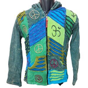 Laxmans Collection Womens Hooded Nepali Jacket With Peace & Om Embroidery Medium